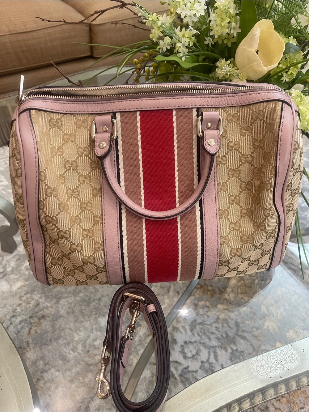Gucci Beige GG Canvas Bowling Bag with Pink Trim and Red Center Stripe